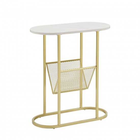 Margo 11" Oblong Side Table with Magazine Rack - Faux White Marble/Gold