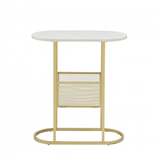 Margo 11" Oblong Side Table with Magazine Rack - Faux White Marble/Gold