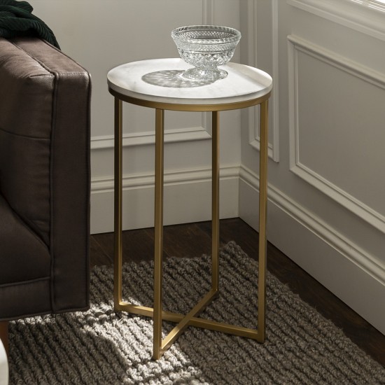 Alissa 16" Glam Round Side Table - Faux White Marble/Gold