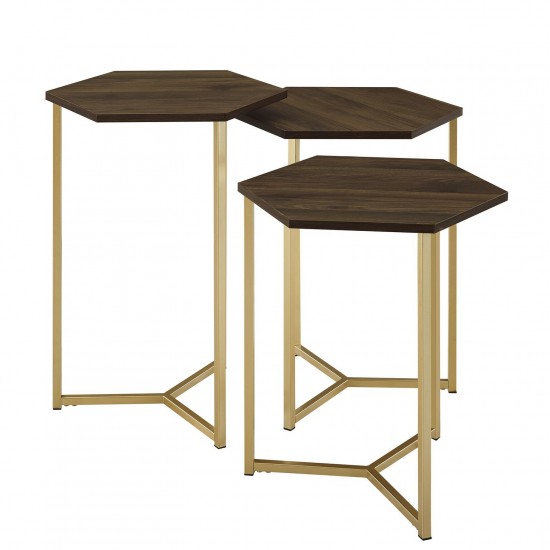 Hexagon Modern Wood Nesting Tables, Set of 3 - Dark Walnut/Gold