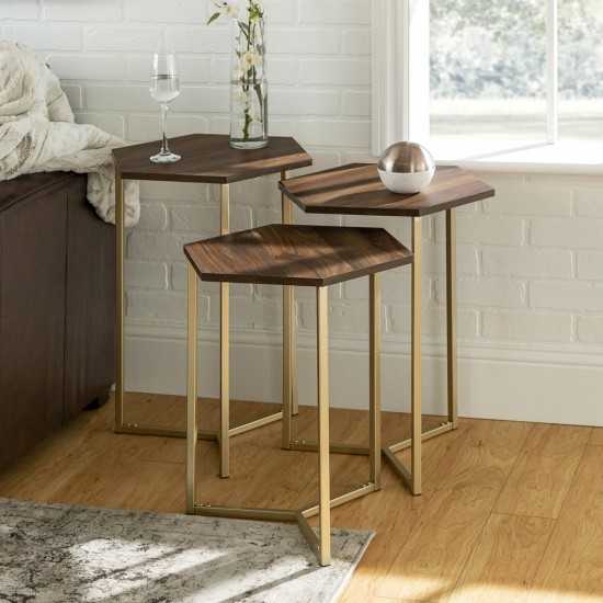 Hexagon Modern Wood Nesting Tables, Set of 3 - Dark Walnut/Gold