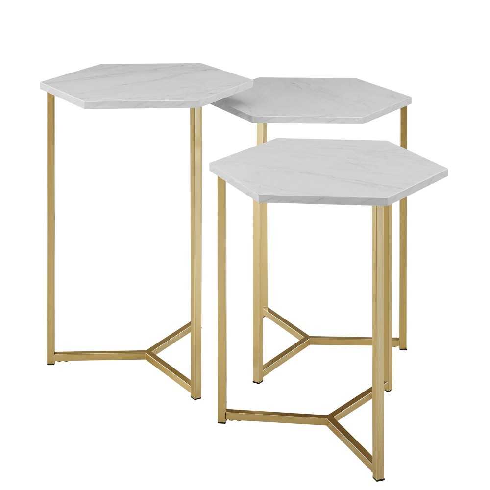 Hexagon Modern Wood Nesting Tables, Set of 3 - Faux White Marble/Gold