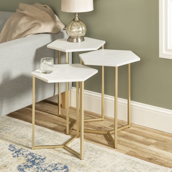 Hexagon Modern Wood Nesting Tables, Set of 3 - Faux White Marble/Gold