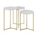 Hexagon Modern Wood Nesting Tables, Set of 3 - Faux White Marble/Gold