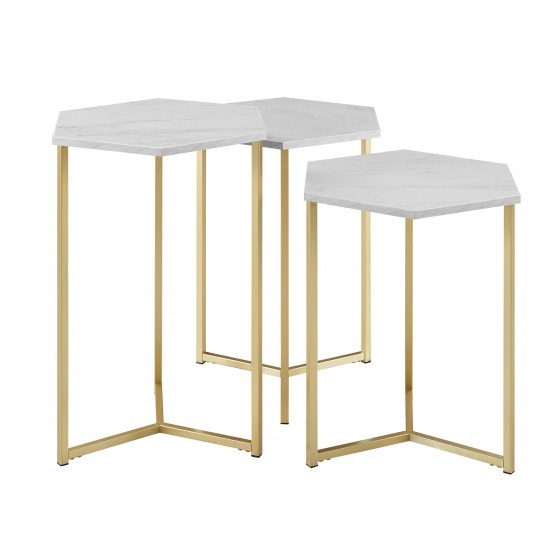 Hexagon Modern Wood Nesting Tables, Set of 3 - Faux White Marble/Gold