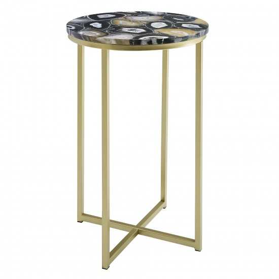 Melissa 16" Faux Stone Round Glam Side Table - Faux Black Agate/Gold