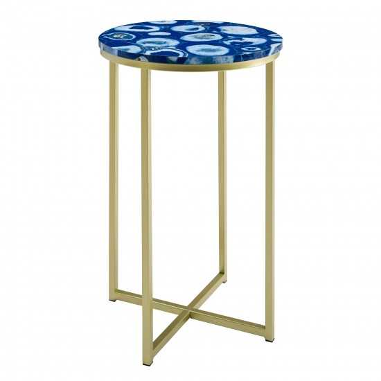 Melissa 16" Faux Stone Round Glam Side Table - Faux Blue Agate/Gold