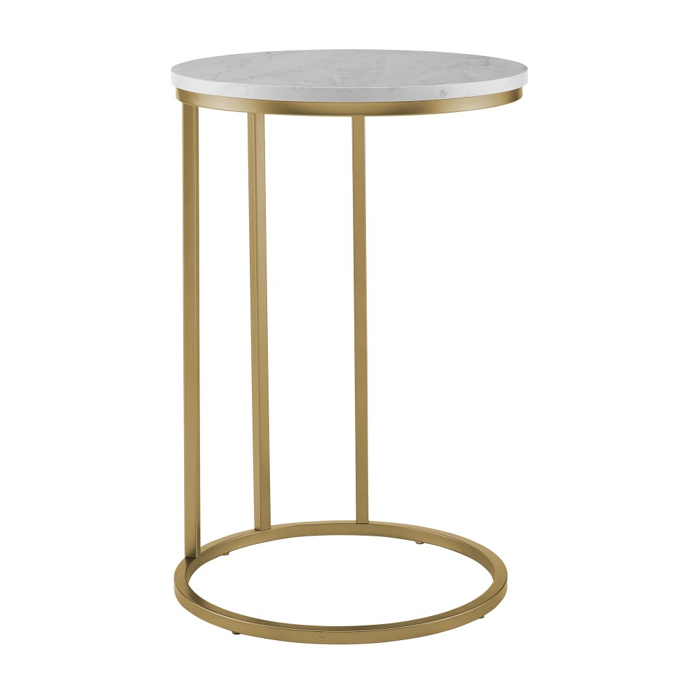 Modern Round End Table - Faux White Marble/Gold