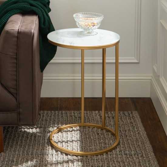 Modern Round End Table - Faux White Marble/Gold