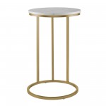 Modern Round End Table - Faux White Marble/Gold