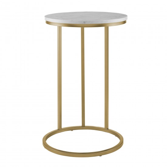 Modern Round End Table - Faux White Marble/Gold