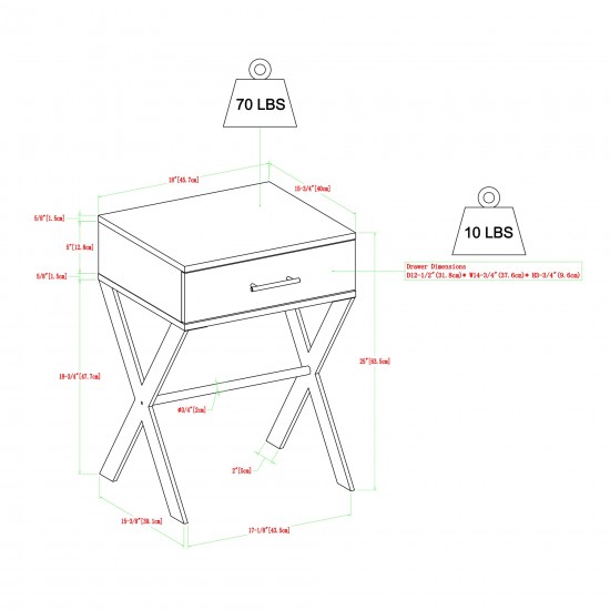 Brin 18" X Leg 1 Drawer Metal and Wood Side Table - Dark Walnut