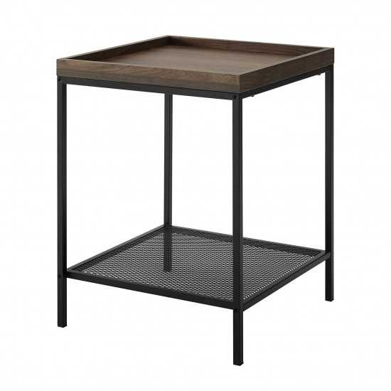 Emma 18” Square Tray Side Table with Mesh Metal Shelf - Dark Walnut