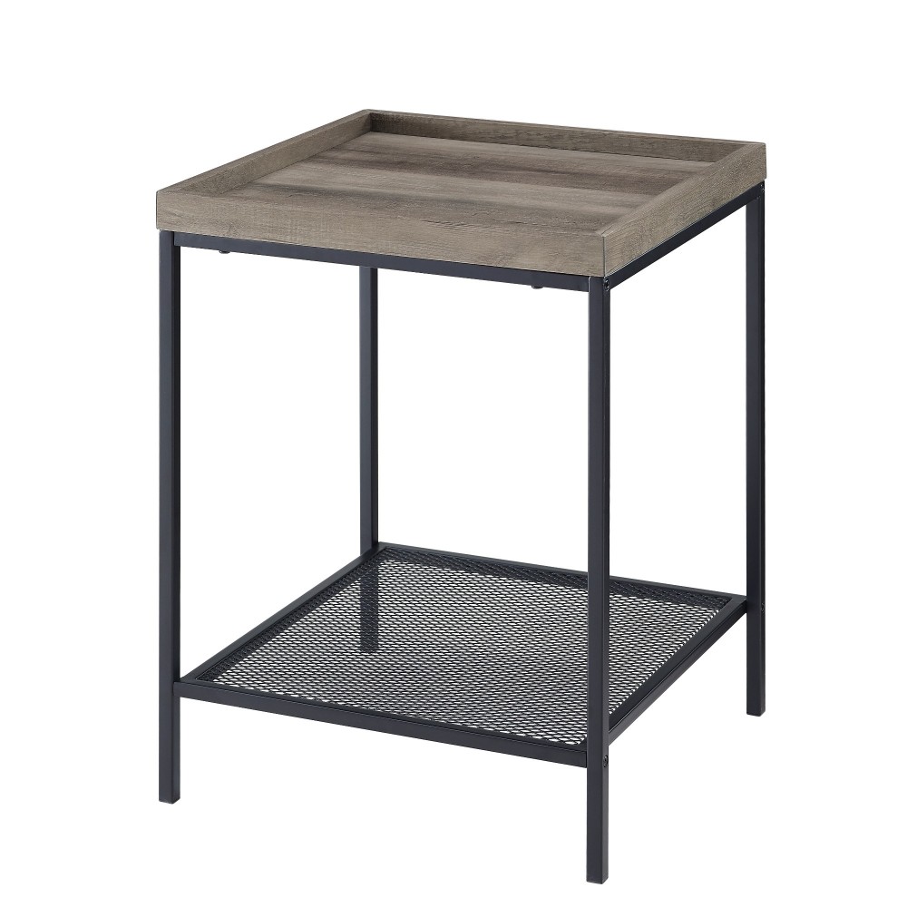 Emma 18” Square Tray Side Table with Mesh Metal Shelf - Grey Wash Emma 18” Square Tray Side Table with Mesh Metal Shelf - Grey Wash
