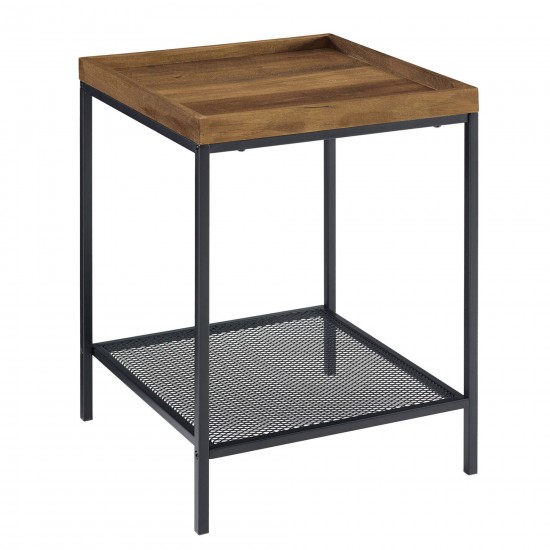 Emma 18” Square Tray Side Table with Mesh Metal Shelf - Rustic Oak