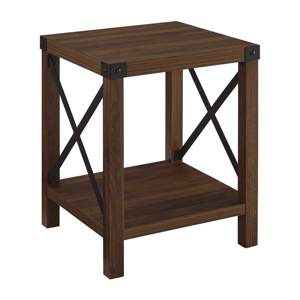 Metal X Rustic Wood Side Table - Dark Walnut Metal X Rustic Wood Side Table - Dark Walnut