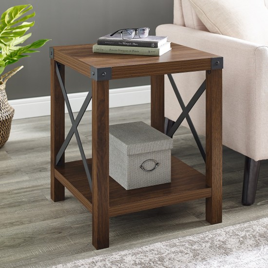 Metal X Rustic Wood Side Table - Dark Walnut