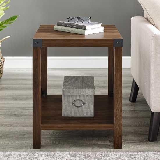 Metal X Rustic Wood Side Table - Dark Walnut