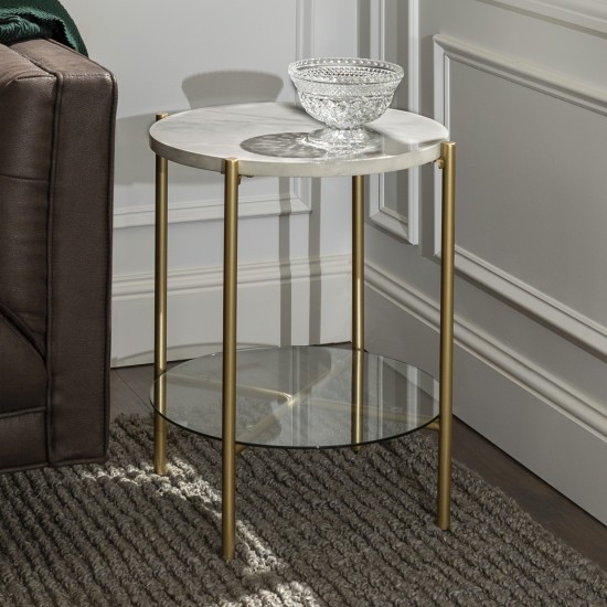 Simone Modern Round Side Table - Faux White Marble/Gold