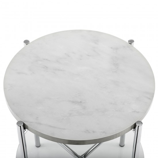 Simone Modern Round Side Table - Faux White Marble/Glass/Chrome