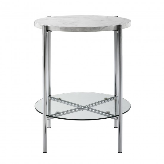 Simone Modern Round Side Table - Faux White Marble/Glass/Chrome