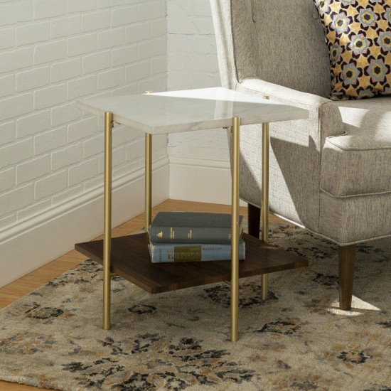 Mid Century Modern Square Side Table - Faux White Marble/Dark Walnut/Gold