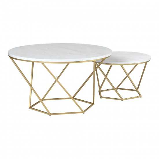 Geometric Modern Nesting Coffee Table Set - Faux White Marble/Gold