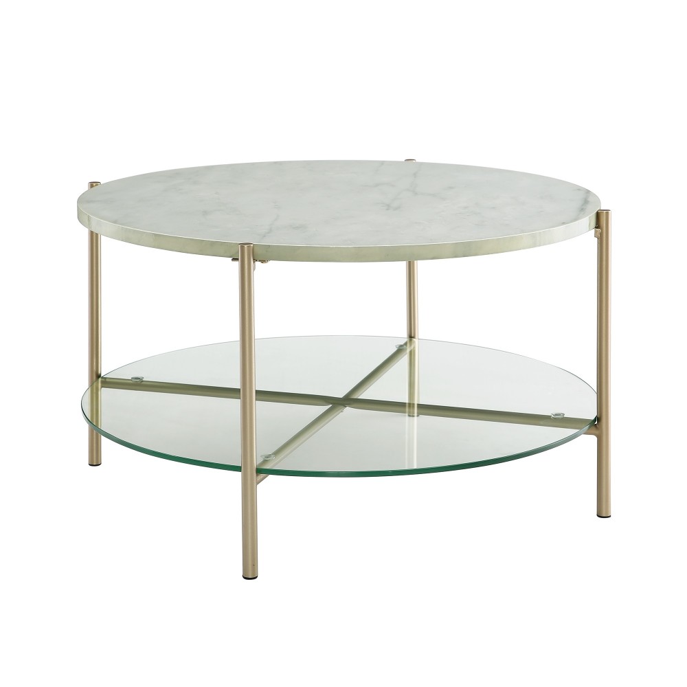 Simone Modern Round Coffee Table - Faux White Marble/Glass/Gold