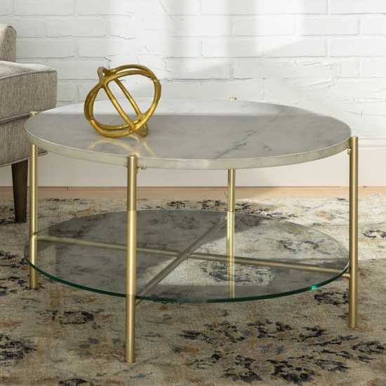 Simone Modern Round Coffee Table - Faux White Marble/Glass/Gold