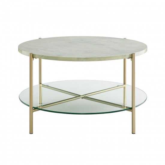 Simone Modern Round Coffee Table - Faux White Marble/Glass/Gold