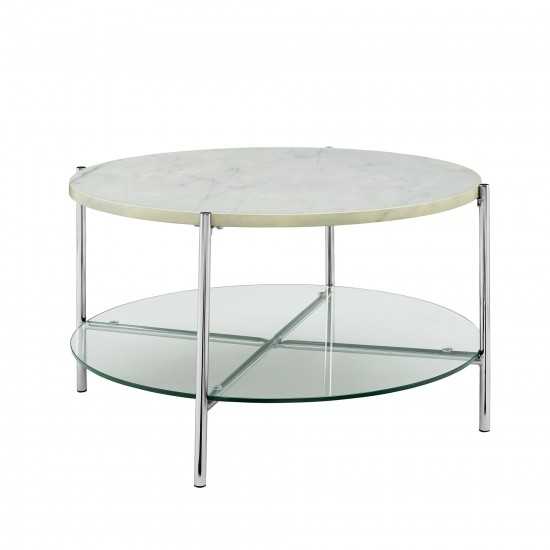 Simone Modern Round Coffee Table - Faux White Marble/Glass/Chrome