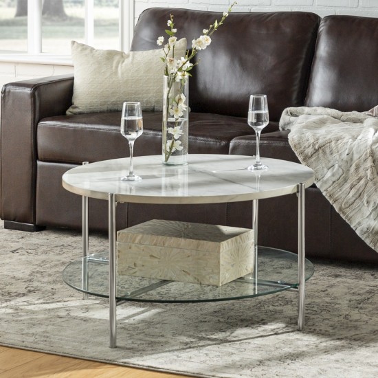 Simone Modern Round Coffee Table - Faux White Marble/Glass/Chrome