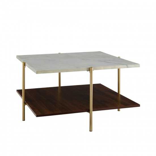 Mid Century Modern Square Coffee Table - Faux White Marble/Dark Walnut/Gold