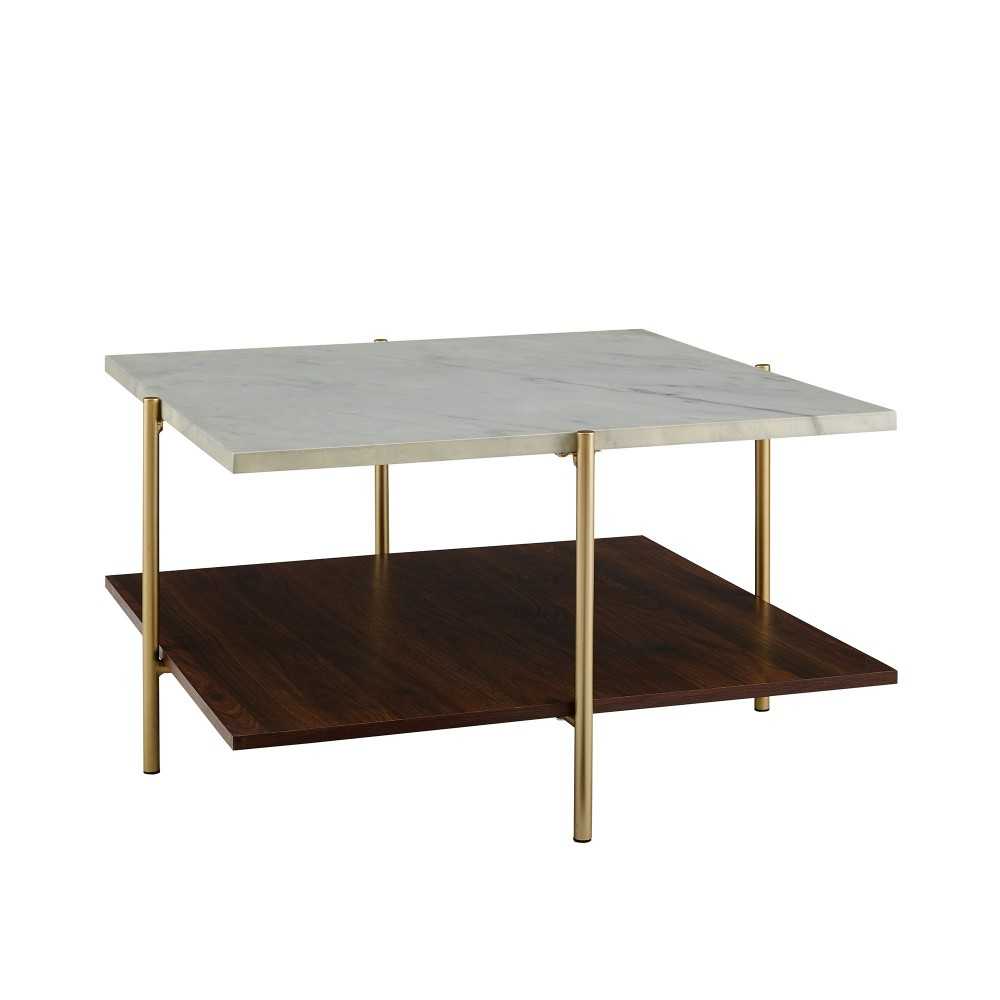 Mid Century Modern Square Coffee Table - Faux White Marble/Dark Walnut/Gold Mid Century Modern Square Coffee Table - Faux White Marble/Dark Walnut/Gold