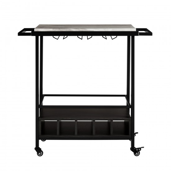 34" Modern Industrial Bar Serving Cart - Graphite/Grey Vein Cut Faux Marble