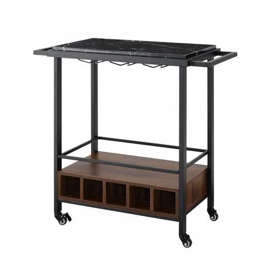 34" Modern Industrial Bar Serving Cart - Faux Black Marble/Dark Walnut