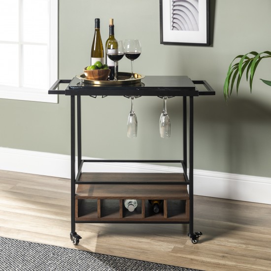 34" Modern Industrial Bar Serving Cart - Faux Black Marble/Dark Walnut