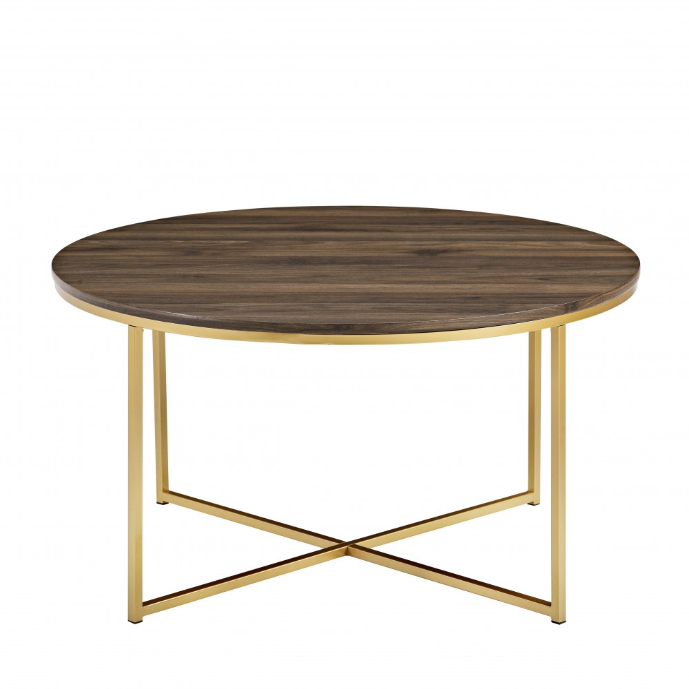 Alissa Mid Century Modern Round Coffee Table - Dark Walnut/Gold