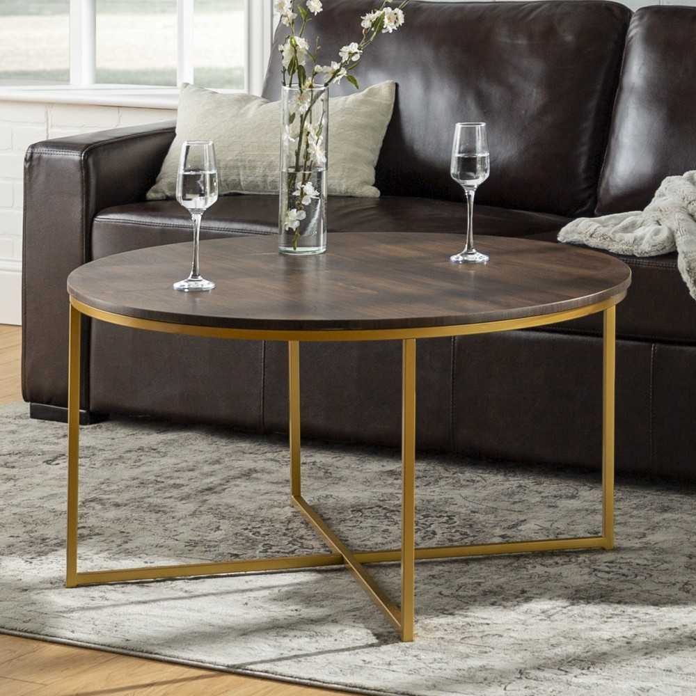 Alissa Mid Century Modern Round Coffee Table Dark Walnut/Gold