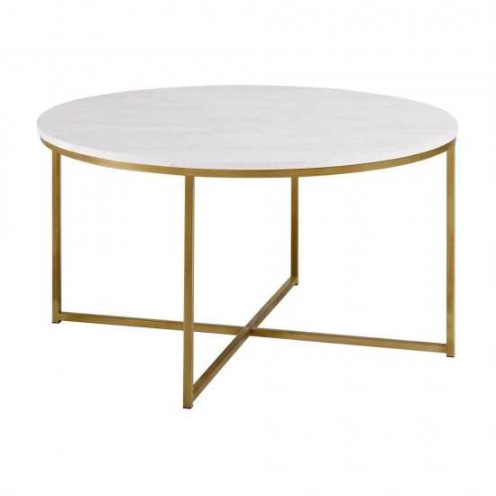 Alissa Mid Century Modern Round Coffee Table - Faux White Marble/Gold
