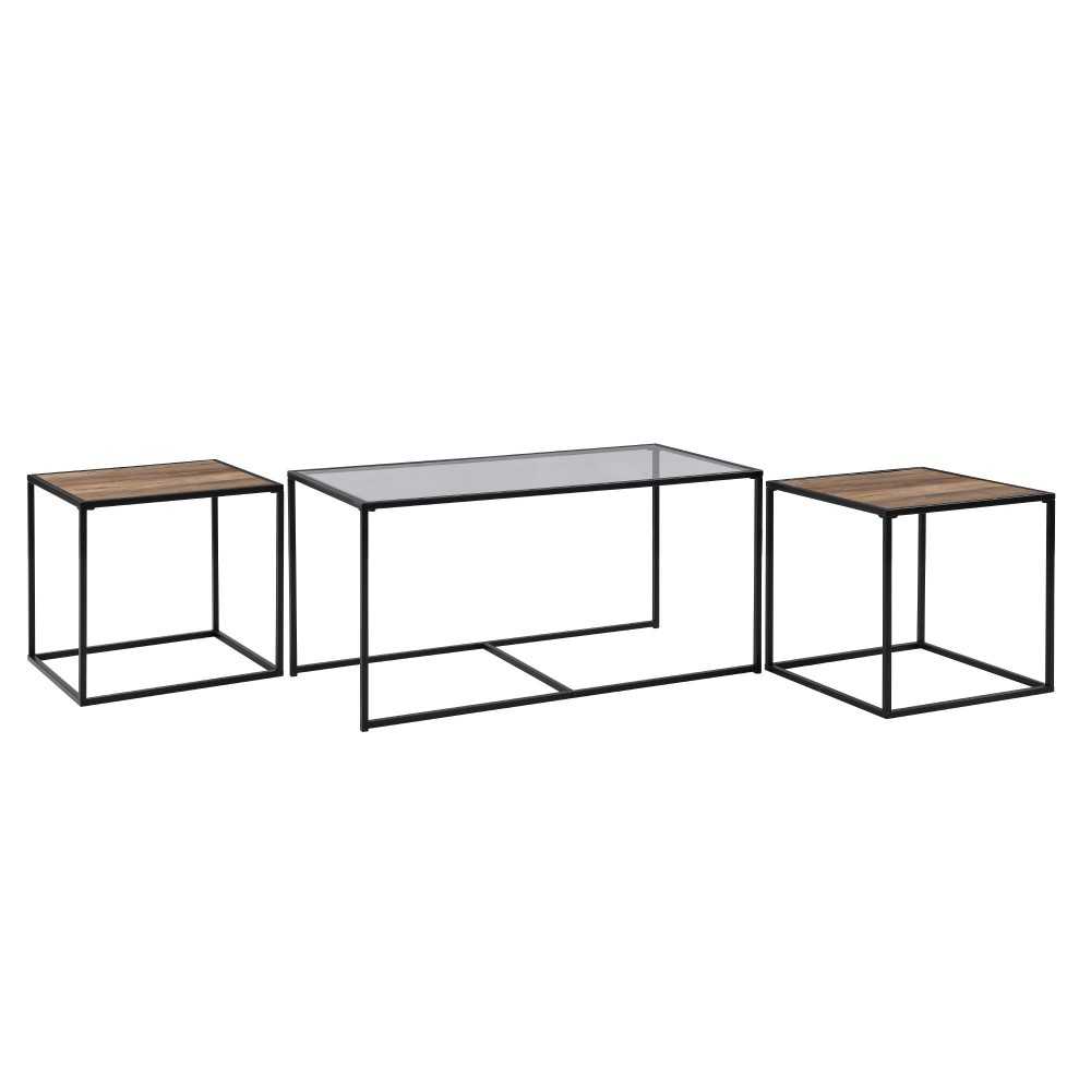 3-Piece Industrial Nesting Table Set - Glass/Rustic Oak