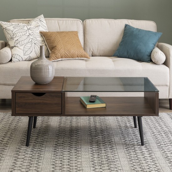 Juniper Mid Century Modern Wood and Glass Coffee Table - Dark Walnut