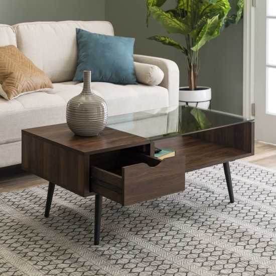 Juniper Mid Century Modern Wood and Glass Coffee Table - Dark Walnut
