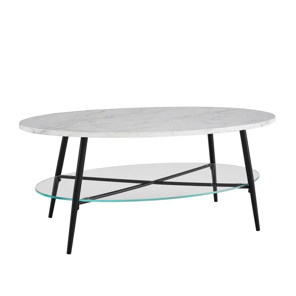 Tilly 42" Oval Faux Marble and Glass Coffee Table - Faux White Marble/Black