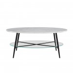 Tilly 42" Oval Faux Marble and Glass Coffee Table - Faux White Marble/Black