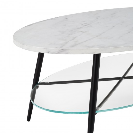 Tilly 42" Oval Faux Marble and Glass Coffee Table - Faux White Marble/Black