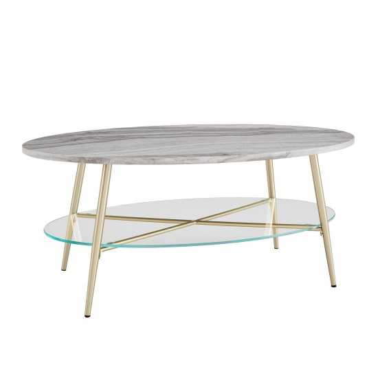 42" Oval Faux Marble and Glass Coffee Table - Grey Faux Vein Cut Marble/Gold