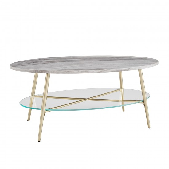 42" Oval Faux Marble and Glass Coffee Table - Grey Faux Vein Cut Marble/Gold