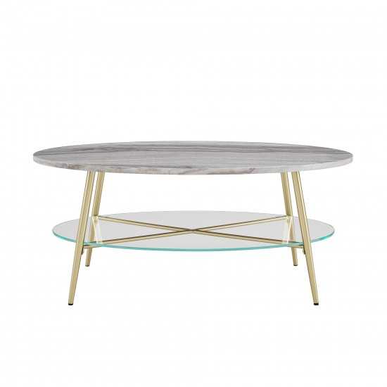 42" Oval Faux Marble and Glass Coffee Table - Grey Faux Vein Cut Marble/Gold