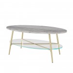 42" Oval Faux Marble and Glass Coffee Table - Grey Faux Vein Cut Marble/Gold